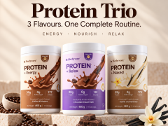 Herbyvore Protein + Energy Coffee, Protein + Relax Chocolate and Naked Protein tubs