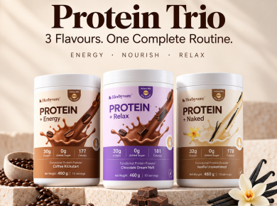 Herbyvore Protein + Energy Coffee, Protein + Relax Chocolate and Naked Protein tubs