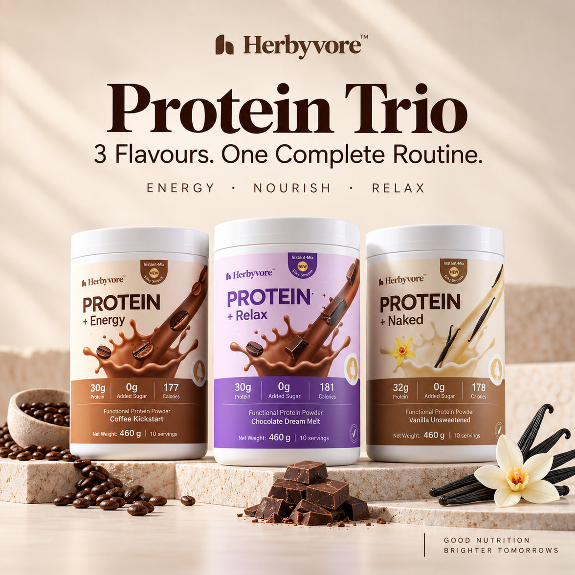 Herbyvore Protein + Energy Coffee, Protein + Relax Chocolate and Naked Protein tubs