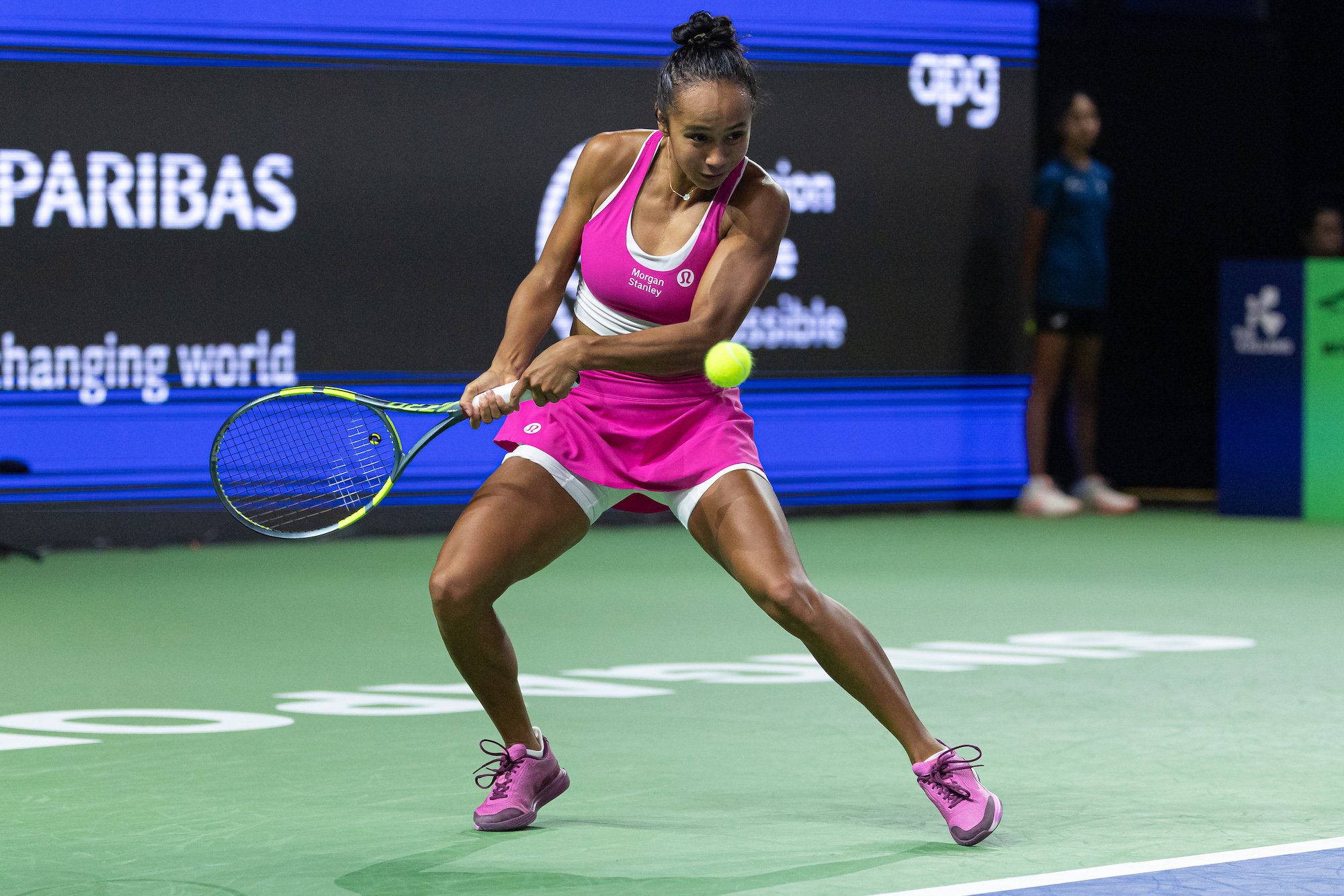 Leylah Fernandez returns a shot during the Singapore Tennis Open 2026.