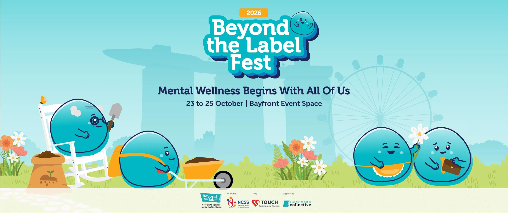 Beyond The Label Fest 2026 at Bayfront Event Space, 23–25 October, featuring the Garden of Wellness mascot illustrations