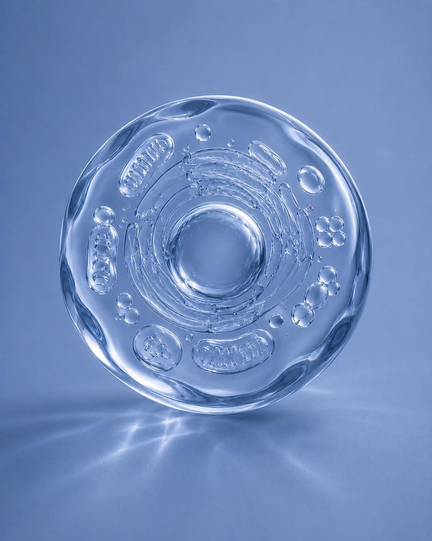Illustration of a human cell representing cellular health and longevity research