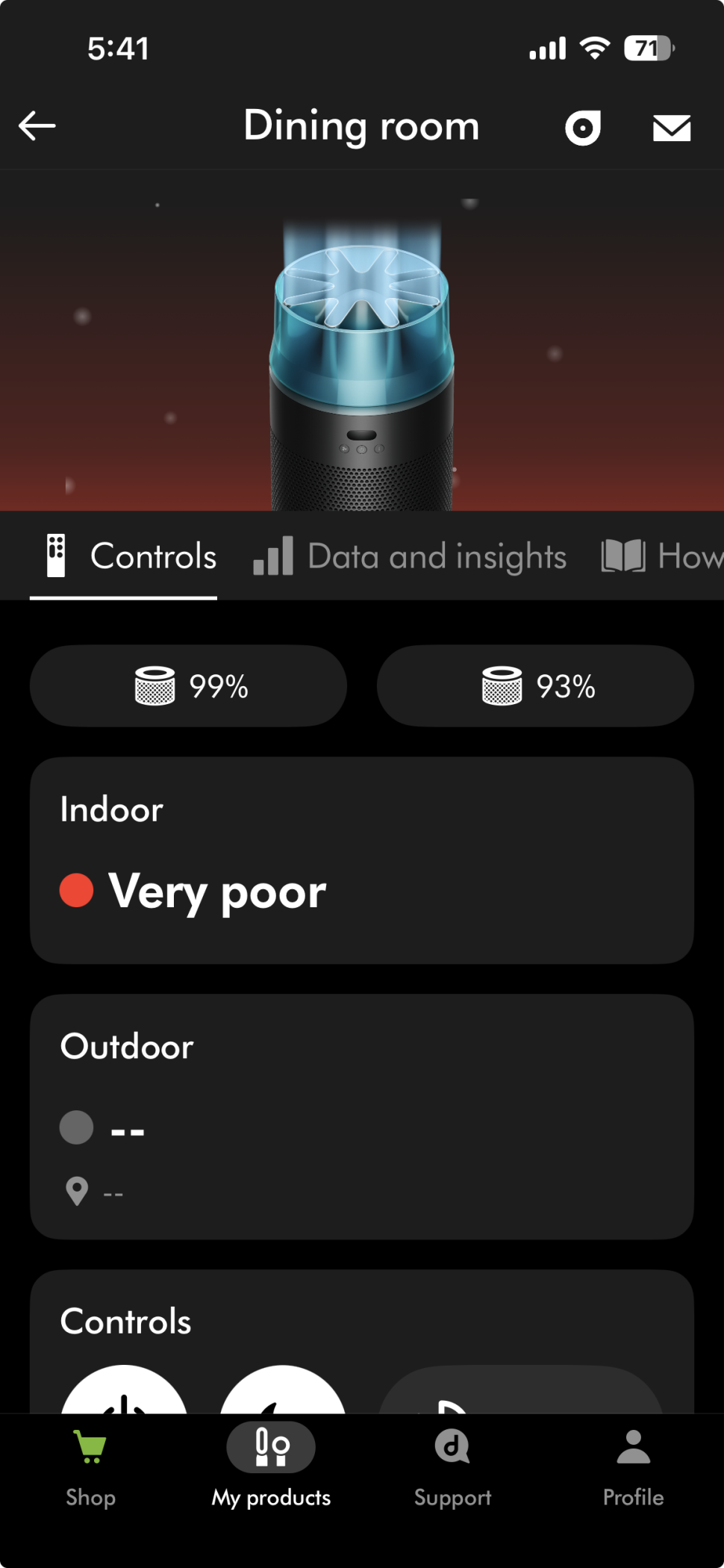 Dyson HushJet app showing Very Poor indoor air quality with filter life at 99% and 93% on 14 October 2026