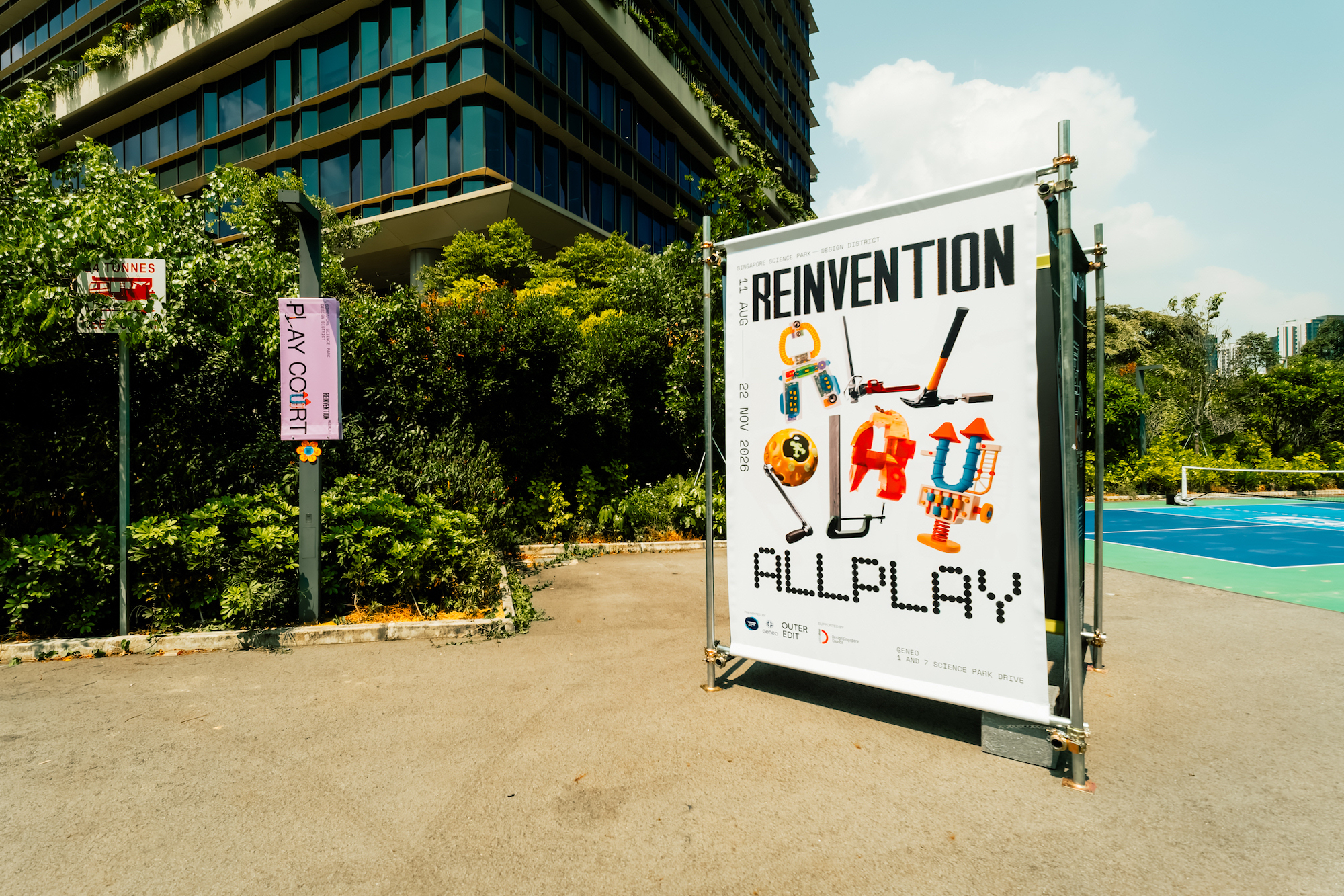REINVENTION ALLPLAY signage beside PlayCourt at Singapore Science Park